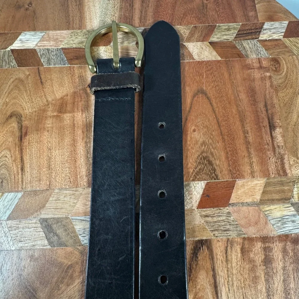 Mens Black Leather Belt Brass D-Ring Buckle Size Medium India Made Classic
